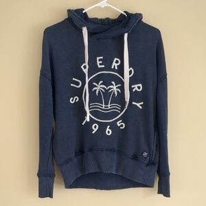 XS SuperDry Blue Faded Hooded Pullover Sweatshirt Hoodie Drawstring Hood